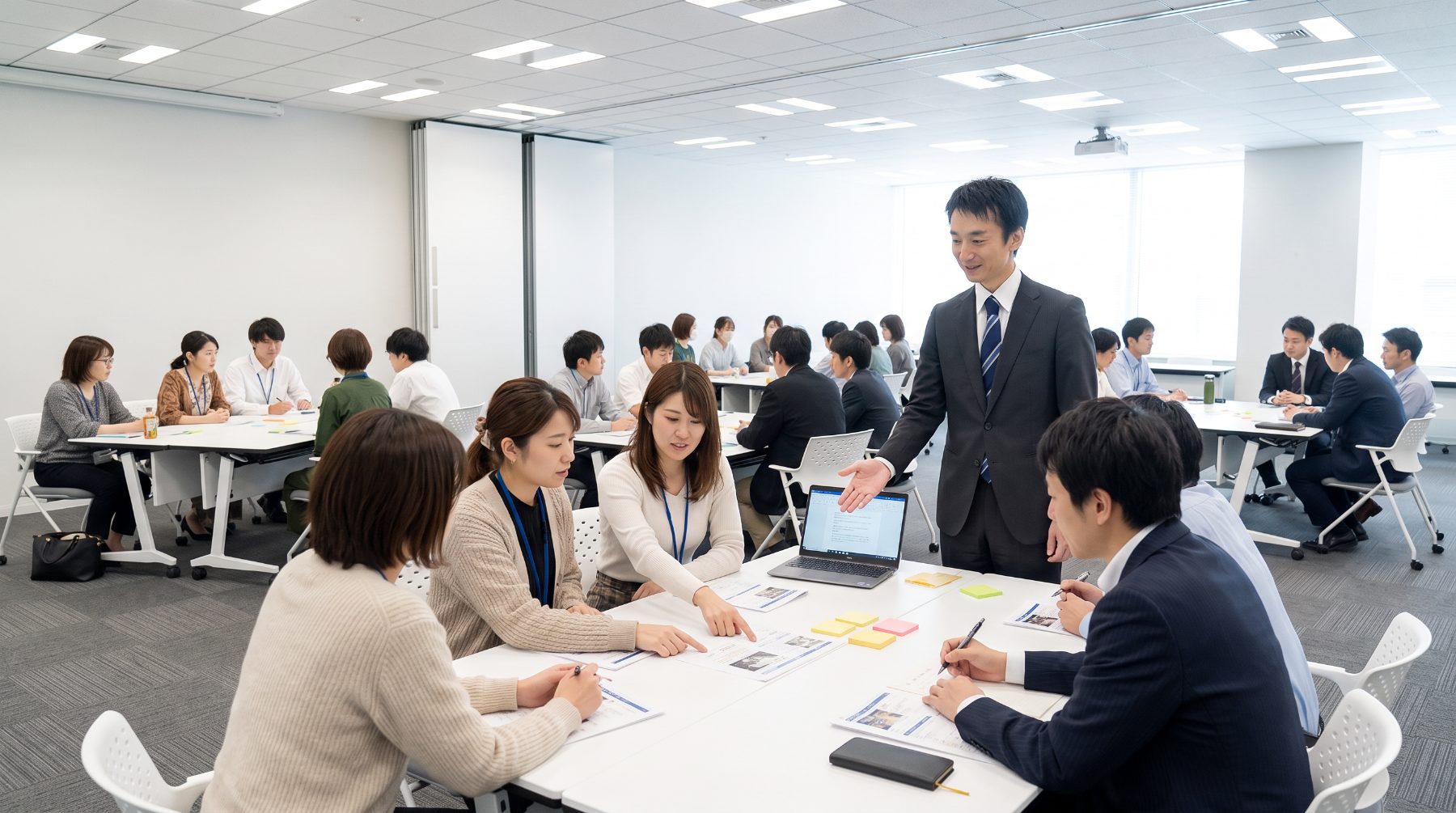 グループに分かれてケーススタディを議論する受講者と、声をかける代表の加藤